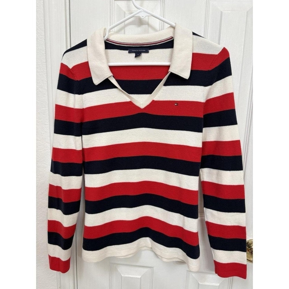Tommy Hilfiger Ladies Sweater Size M Blue Red White‎ Striped Cable Knit Collar